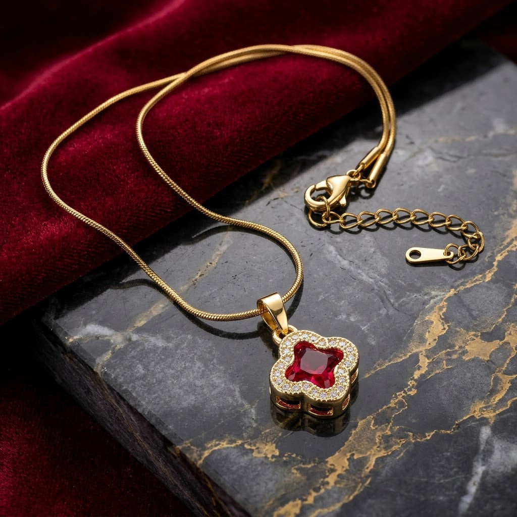 Ruby Red Crystal Four-Leaf Lucky Clover Necklace - View 1 | ANUSI 18K Gold Jewelry