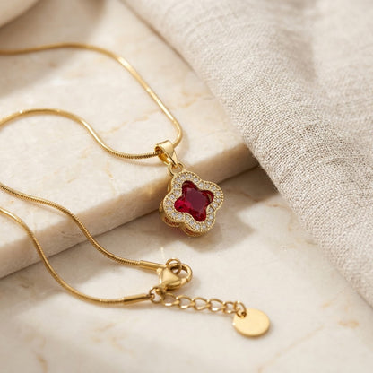 Ruby Red Crystal Four-Leaf Lucky Clover Necklace - View 3 | ANUSI 18K Gold Jewelry