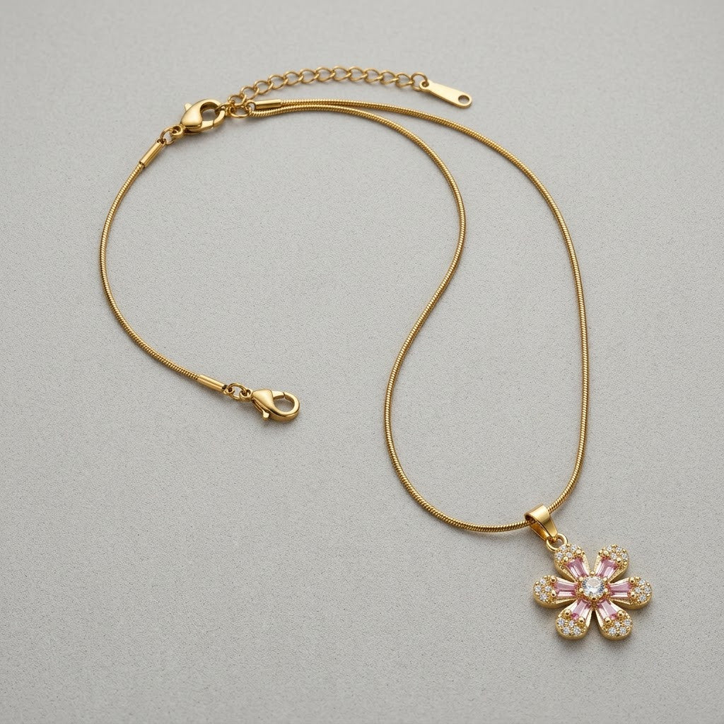 Carved Mother of Pearl Sakura Blossom Crystal Necklace - View 8 | ANUSI 18K Gold Jewelry