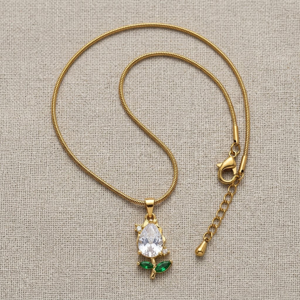 Solitaire Pear Crystal & Emerald Rosebud Necklace - View 8 | ANUSI 18K Gold Jewelry