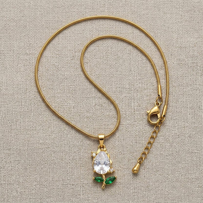 Solitaire Pear Crystal & Emerald Rosebud Necklace - View 8 | ANUSI 18K Gold Jewelry