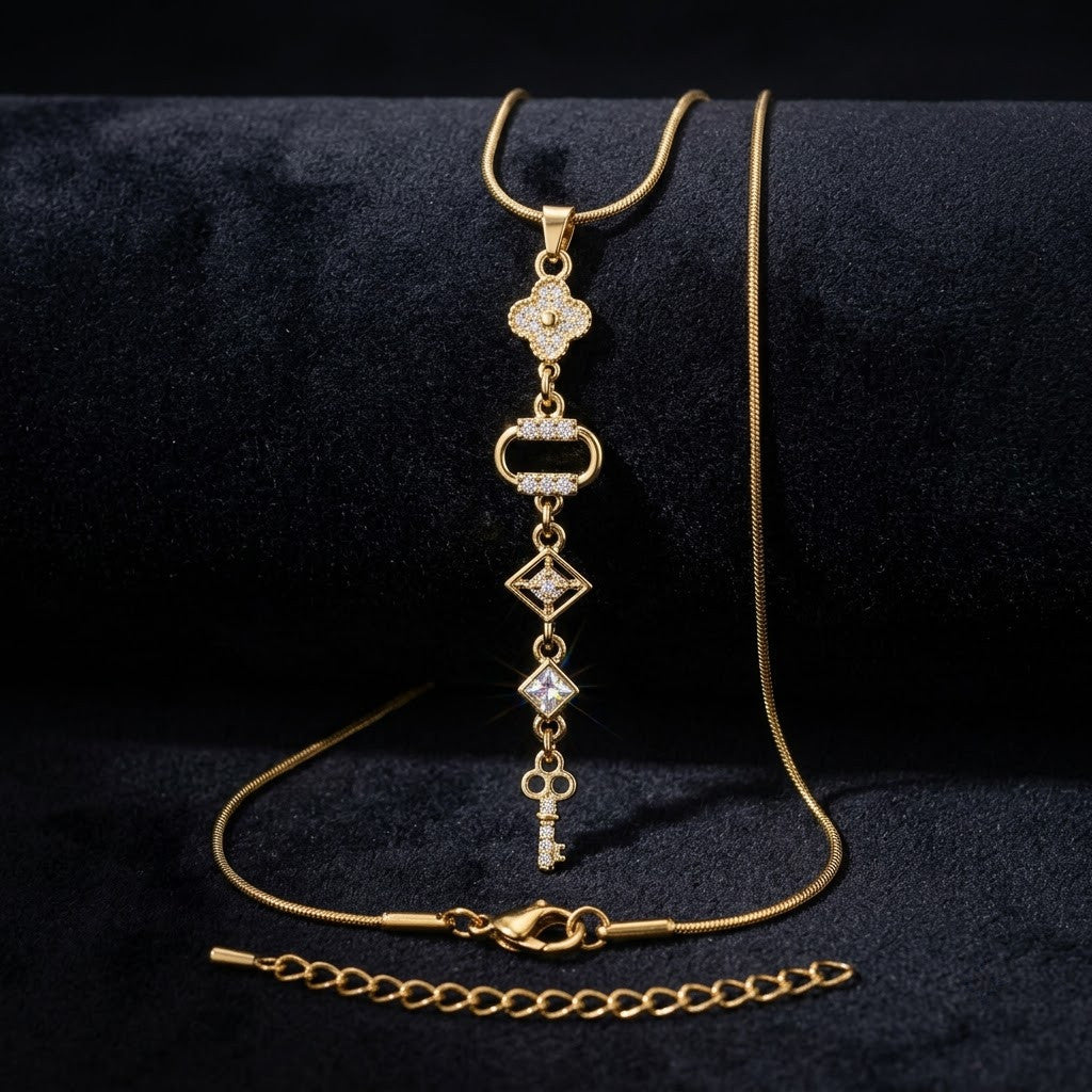 Art Deco Geometric Rhombus Crystal Station Necklace - View 2 | ANUSI 18K Gold Jewelry