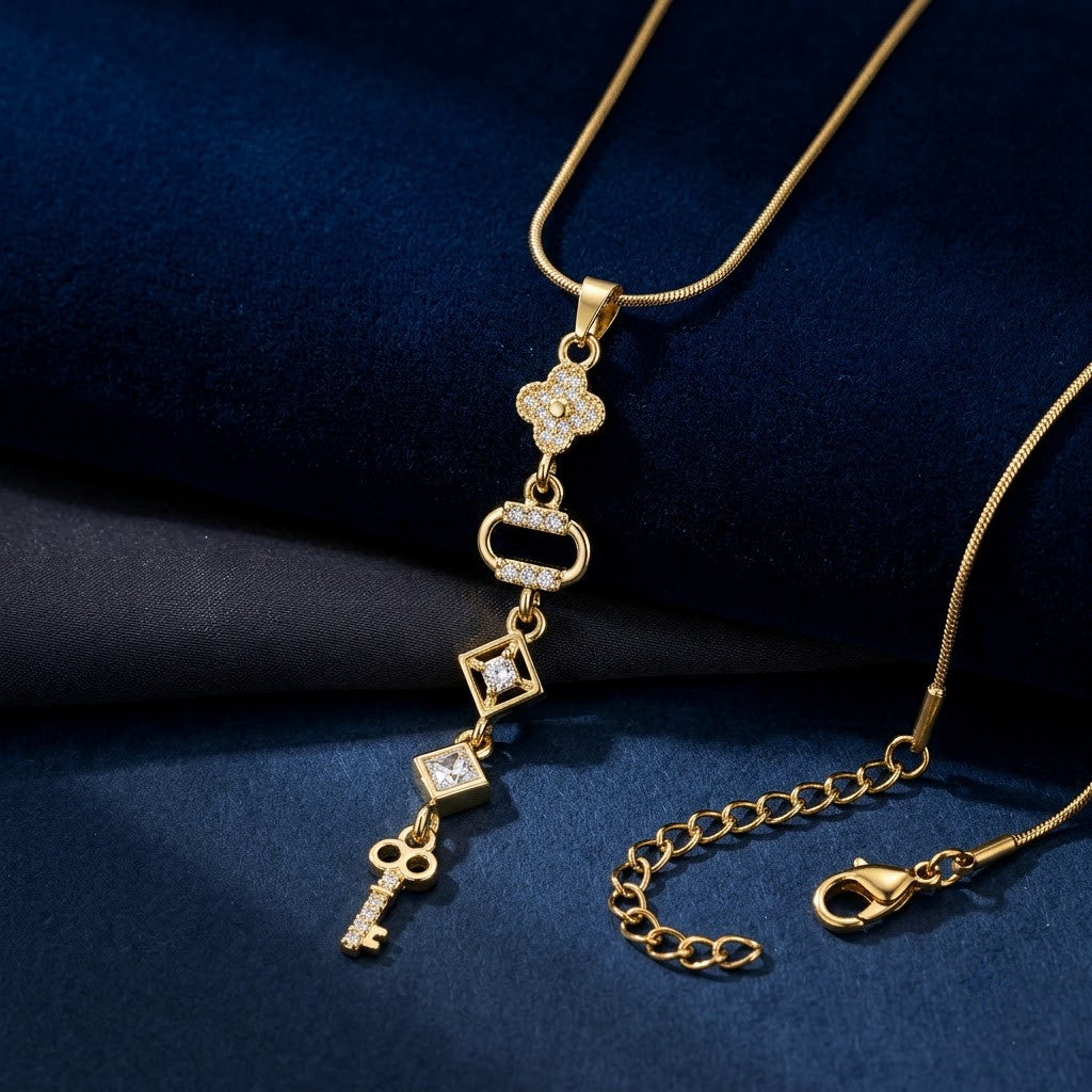 Art Deco Geometric Rhombus Crystal Station Necklace - View 1 | ANUSI 18K Gold Jewelry