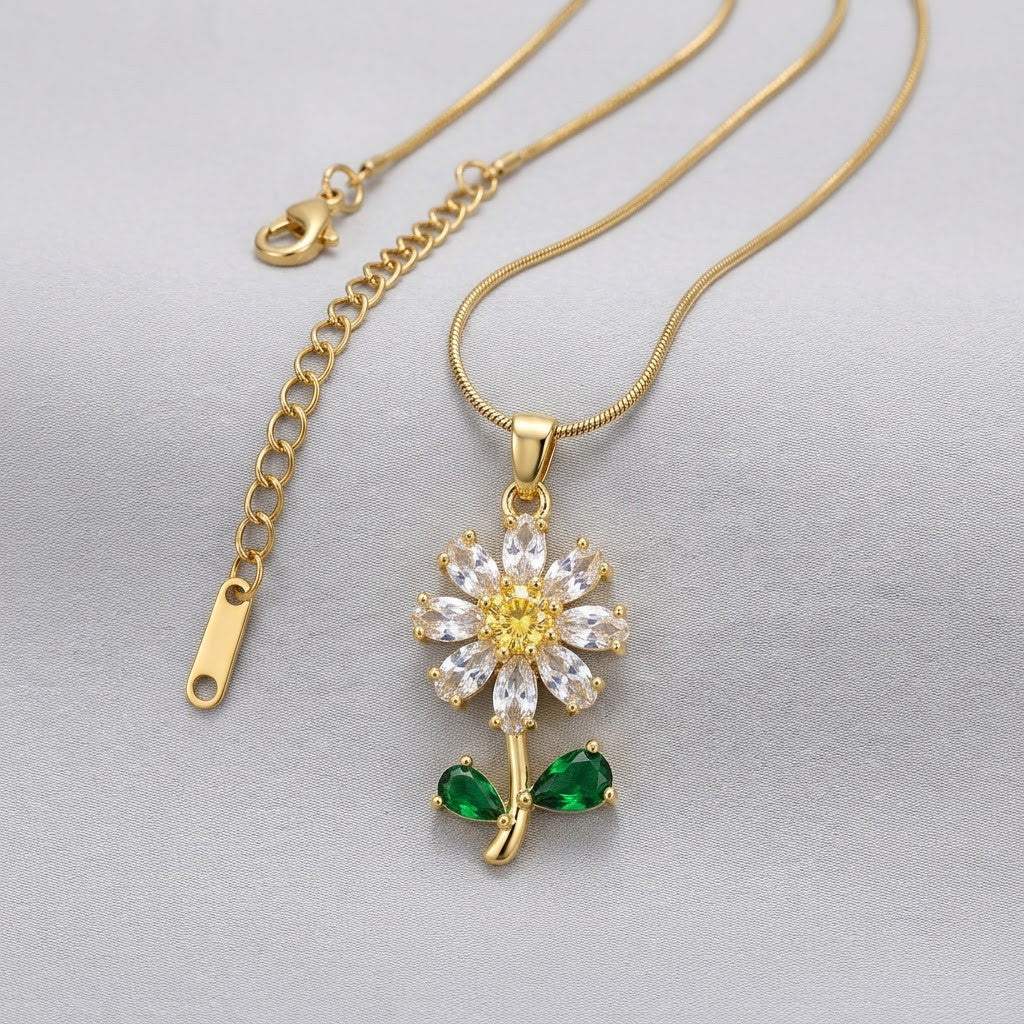 Crystal Daisy Solitaire & Emerald Leaf Stem Necklace - View 7 | ANUSI 18K Gold Jewelry