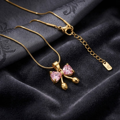 Pink Sapphire Crystal Butterfly Dewdrop Necklace - View 1 | ANUSI 18K Gold Jewelry