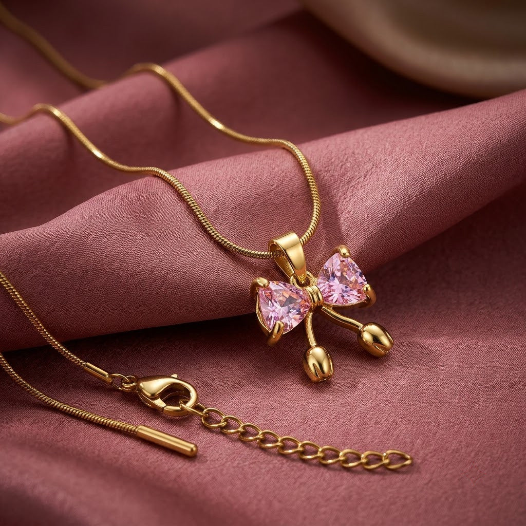 Pink Sapphire Crystal Butterfly Dewdrop Necklace - View 2 | ANUSI 18K Gold Jewelry