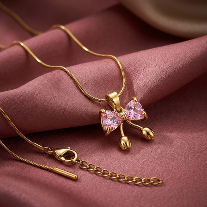 Pink Sapphire Crystal Butterfly Dewdrop Necklace - View 2 | ANUSI 18K Gold Jewelry