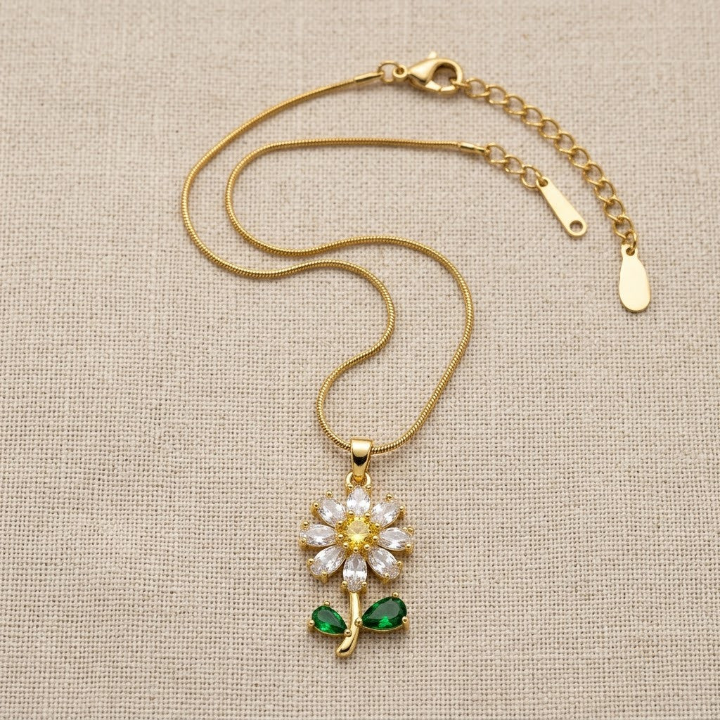 Crystal Daisy Solitaire & Emerald Leaf Stem Necklace - View 8 | ANUSI 18K Gold Jewelry