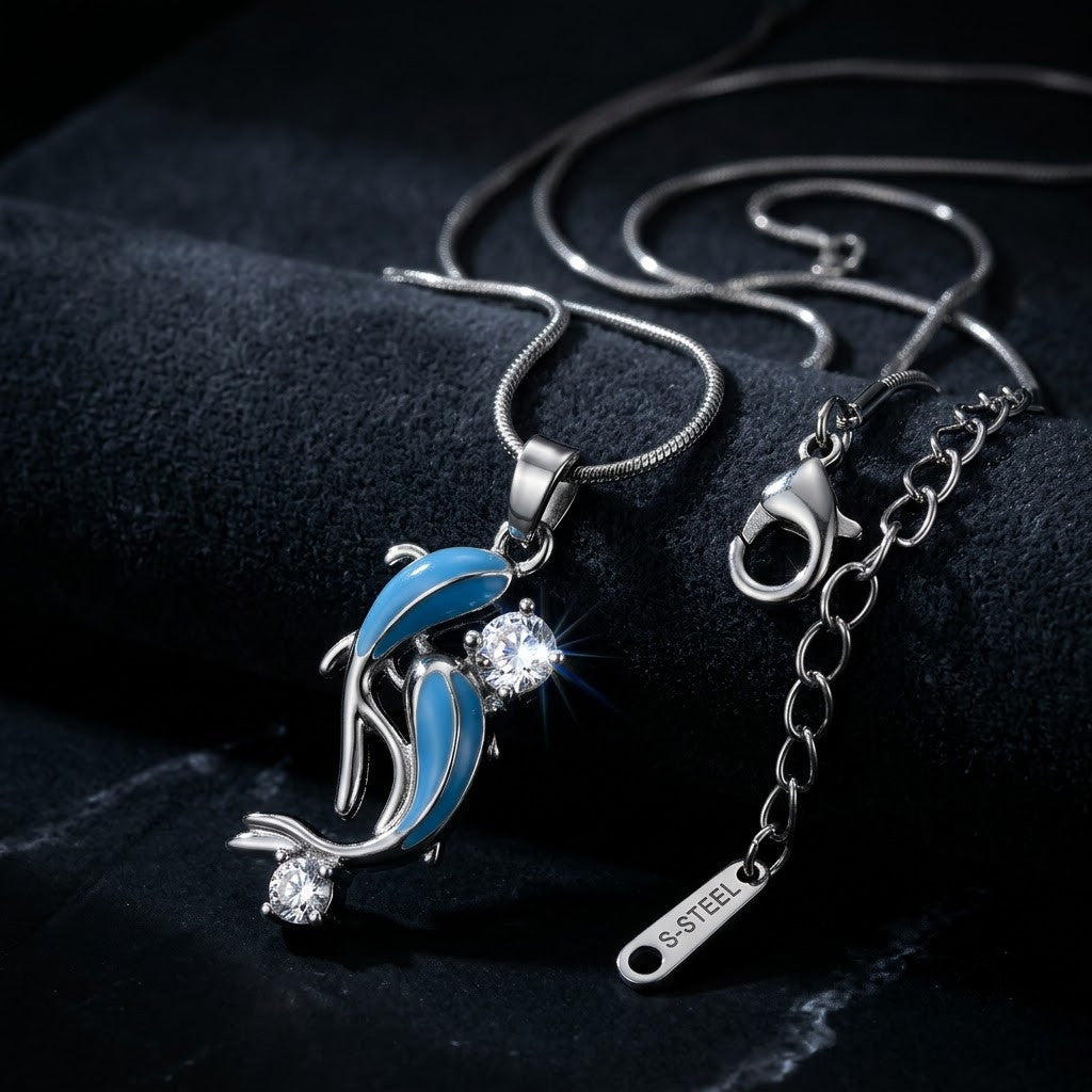Ocean Leaping Dolphin Crystal & Blue Enamel Necklace - View 6 | ANUSI Silver Demi-Fine Jewelry