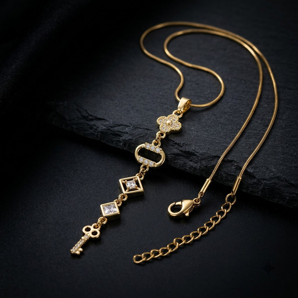 Art Deco Geometric Rhombus Crystal Station Necklace - View 6 | ANUSI 18K Gold Jewelry