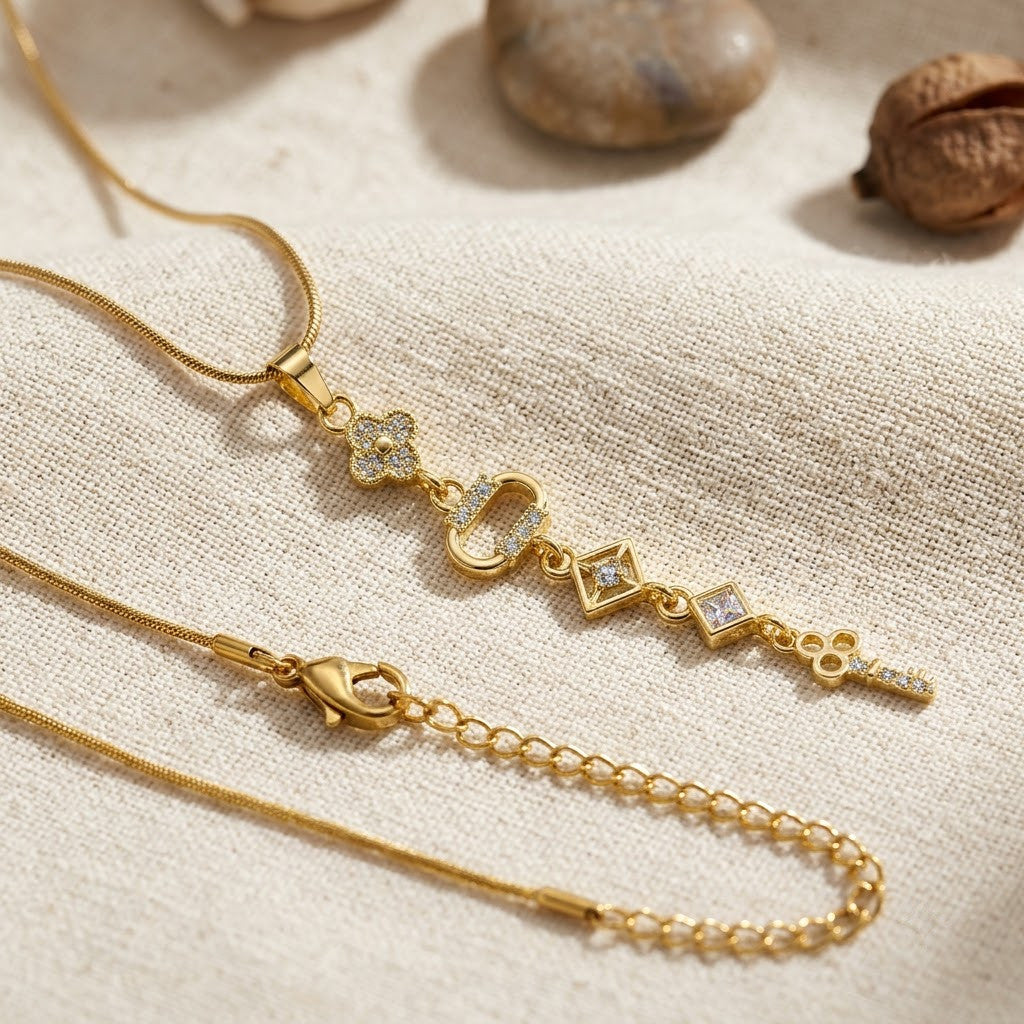 Art Deco Geometric Rhombus Crystal Station Necklace - View 3 | ANUSI 18K Gold Jewelry