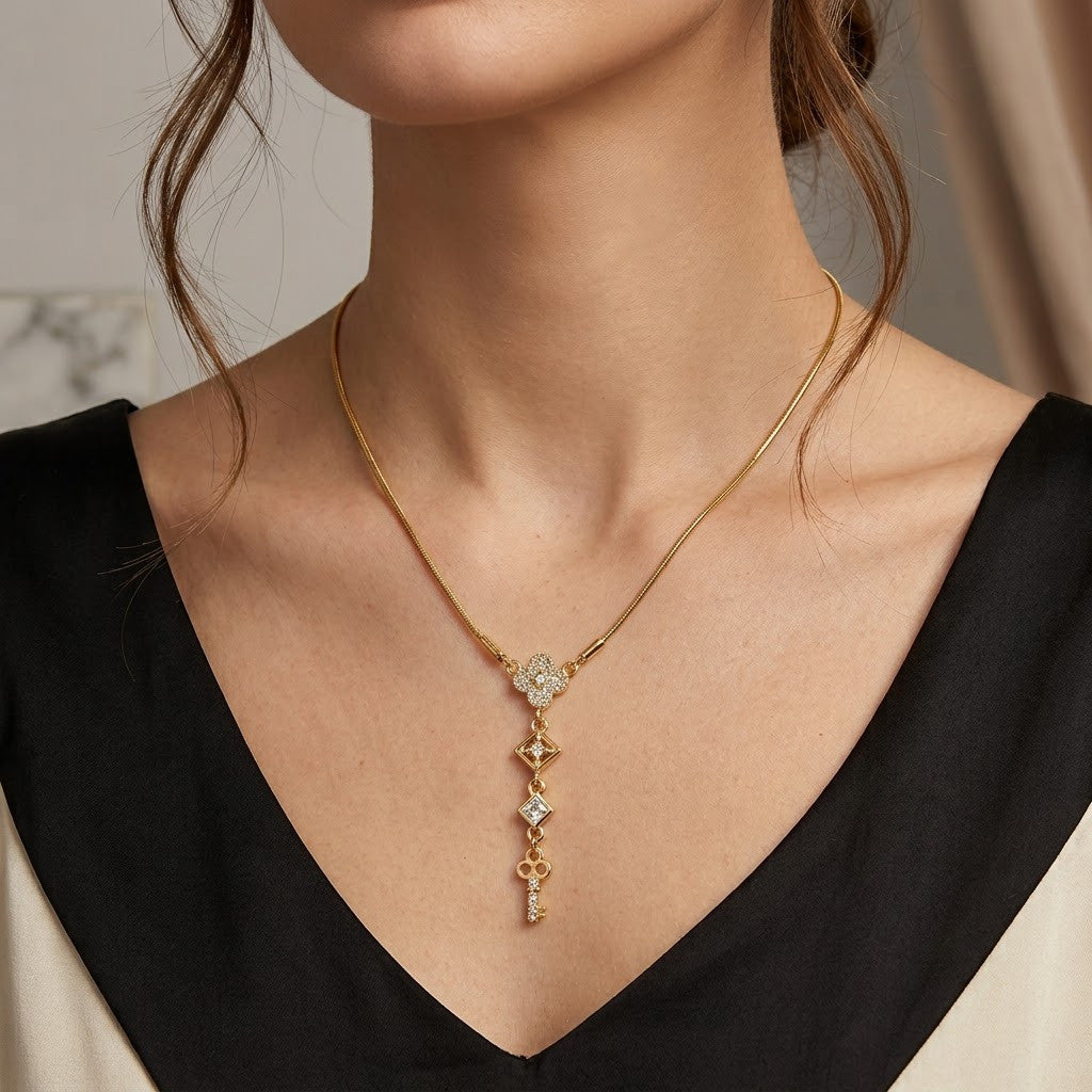 Art Deco Geometric Rhombus Crystal Station Necklace - View 5 | ANUSI 18K Gold Jewelry
