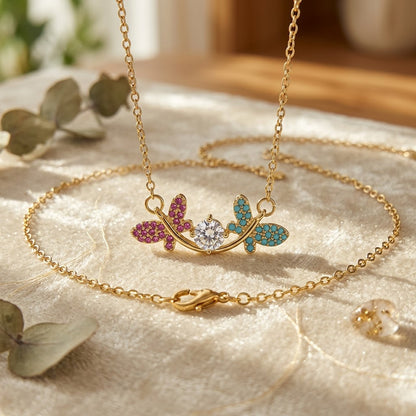 Pastel Sapphire Butterfly Floral Garland Station Necklace - View 3 | ANUSI 18K Gold Jewelry