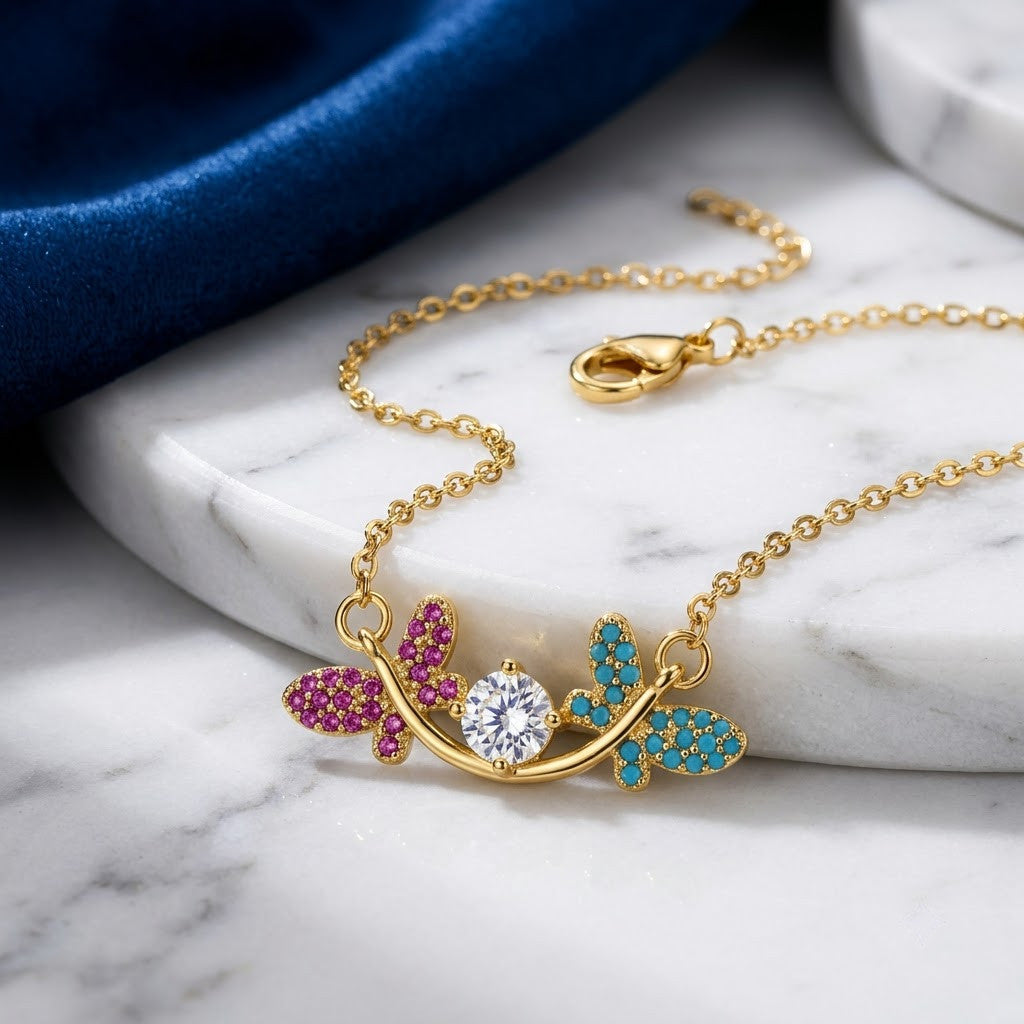 Pastel Sapphire Butterfly Floral Garland Station Necklace - View 1 | ANUSI 18K Gold Jewelry