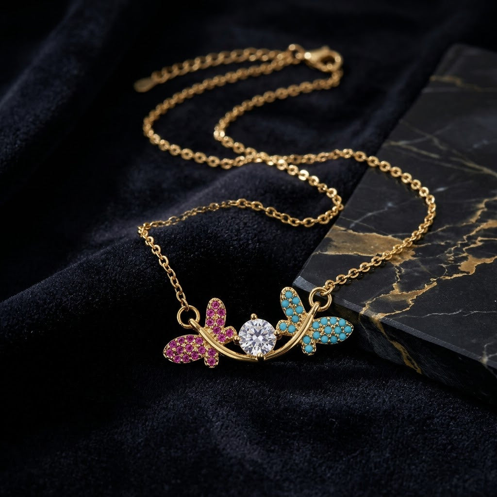 Pastel Sapphire Butterfly Floral Garland Station Necklace - View 2 | ANUSI 18K Gold Jewelry