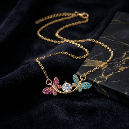 Pastel Sapphire Butterfly Floral Garland Station Necklace - View 2 | ANUSI 18K Gold Jewelry