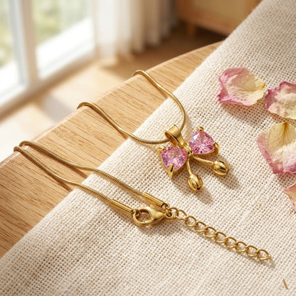 Pink Sapphire Crystal Butterfly Dewdrop Necklace - View 3 | ANUSI 18K Gold Jewelry