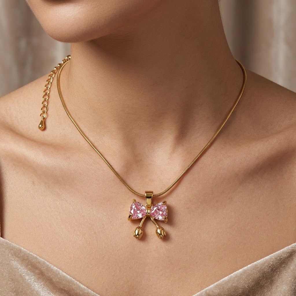 Pink Sapphire Crystal Butterfly Dewdrop Necklace - View 5 | ANUSI 18K Gold Jewelry