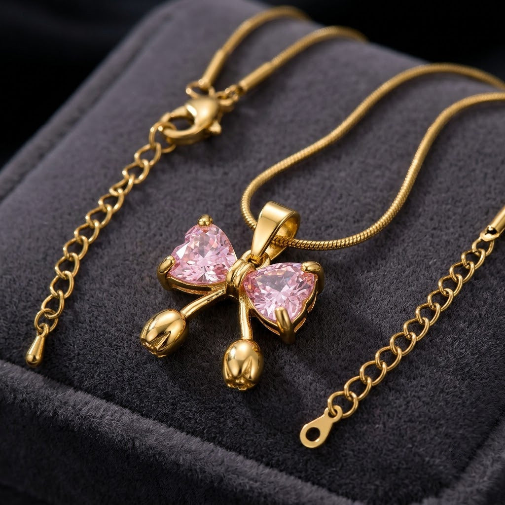 Pink Sapphire Crystal Butterfly Dewdrop Necklace - View 4 | ANUSI 18K Gold Jewelry