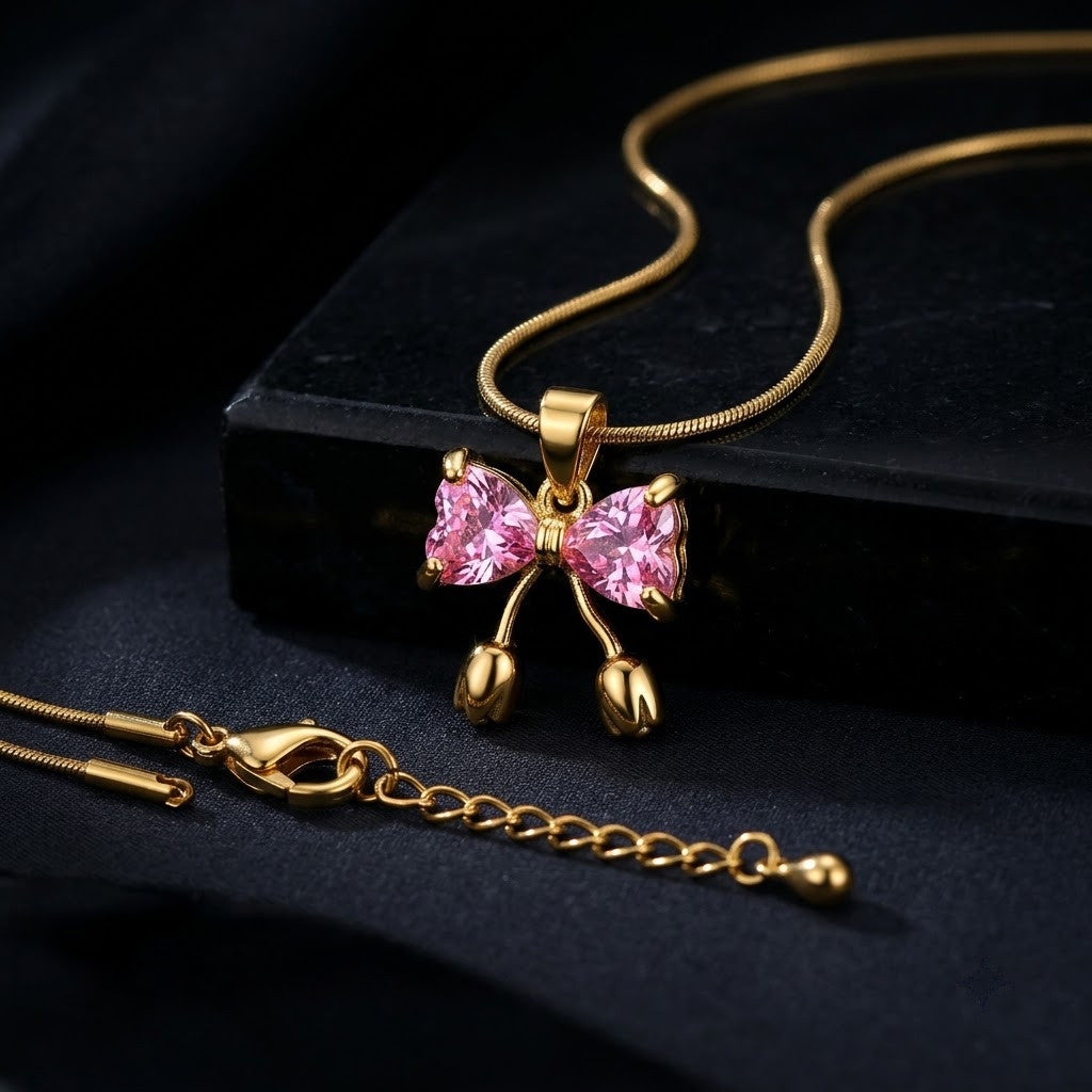 Pink Sapphire Crystal Butterfly Dewdrop Necklace - View 6 | ANUSI 18K Gold Jewelry