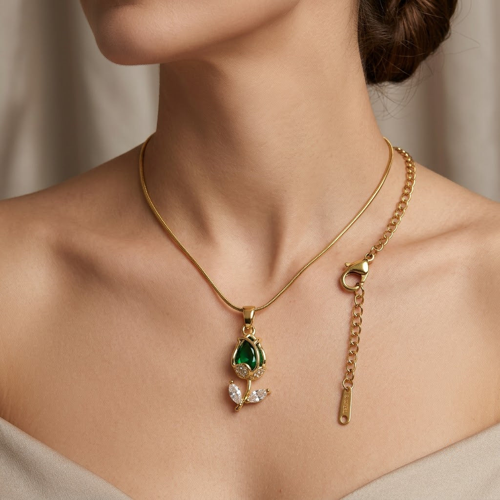 Vibrant Emerald Pear Crystal Tulip Stem Necklace - View 5 | ANUSI 18K Gold Jewelry