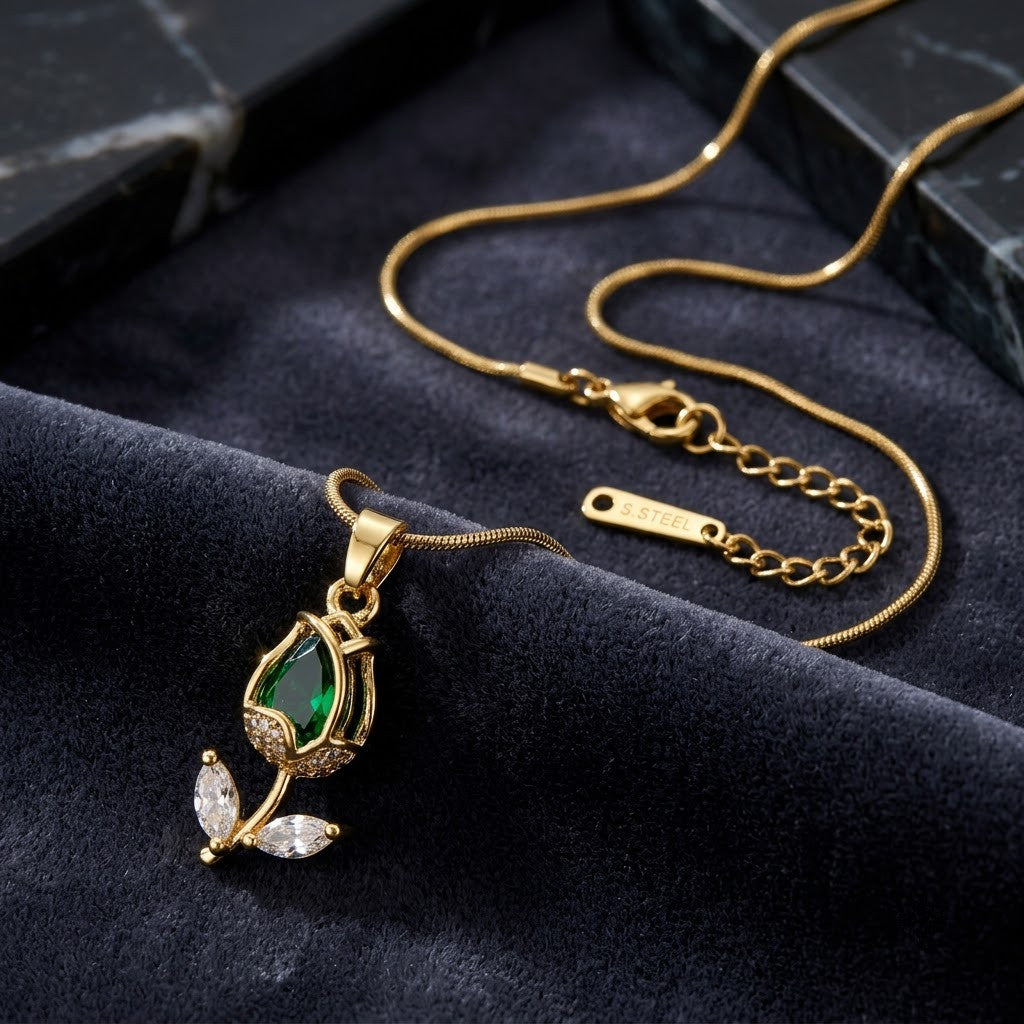 Vibrant Emerald Pear Crystal Tulip Stem Necklace - View 1 | ANUSI 18K Gold Jewelry