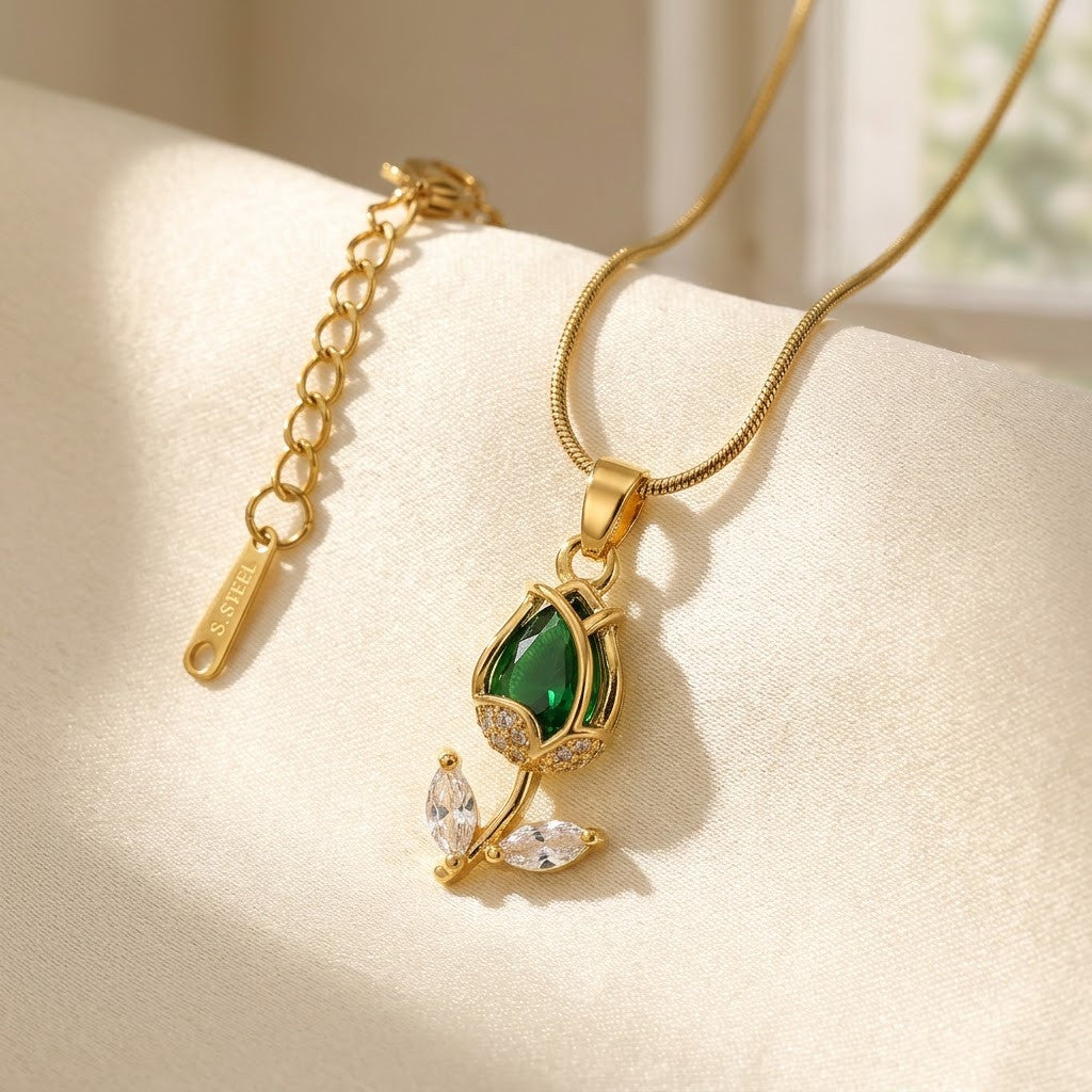 Vibrant Emerald Pear Crystal Tulip Stem Necklace - View 3 | ANUSI 18K Gold Jewelry