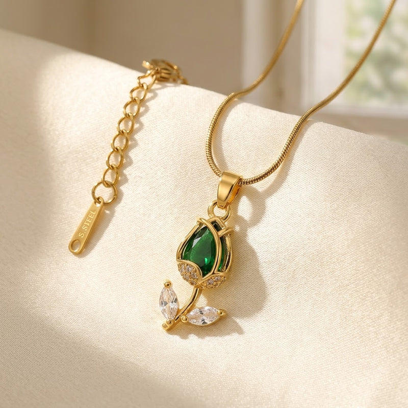 Vibrant Emerald Pear Crystal Tulip Stem Necklace - View 3 | ANUSI 18K Gold Jewelry