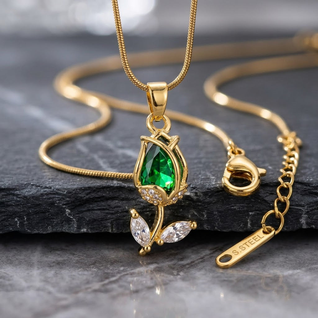Vibrant Emerald Pear Crystal Tulip Stem Necklace - View 4 | ANUSI 18K Gold Jewelry