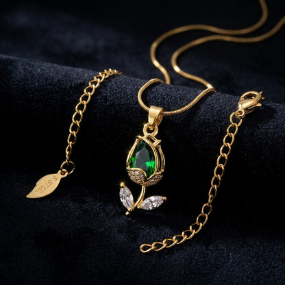 Vibrant Emerald Pear Crystal Tulip Stem Necklace - View 6 | ANUSI 18K Gold Jewelry