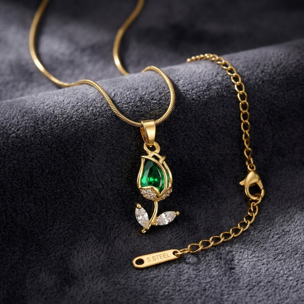 Vibrant Emerald Pear Crystal Tulip Stem Necklace - View 2 | ANUSI 18K Gold Jewelry