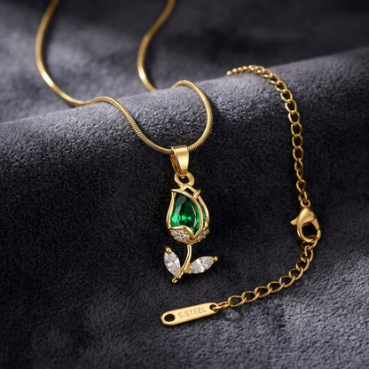 Vibrant Emerald Pear Crystal Tulip Stem Necklace - View 2 | ANUSI 18K Gold Jewelry