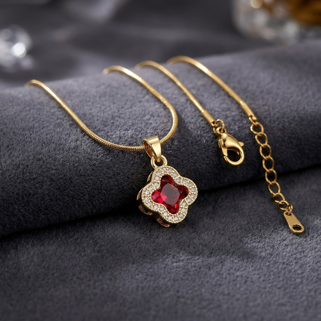 Ruby Red Crystal Four-Leaf Lucky Clover Necklace - View 4 | ANUSI 18K Gold Jewelry