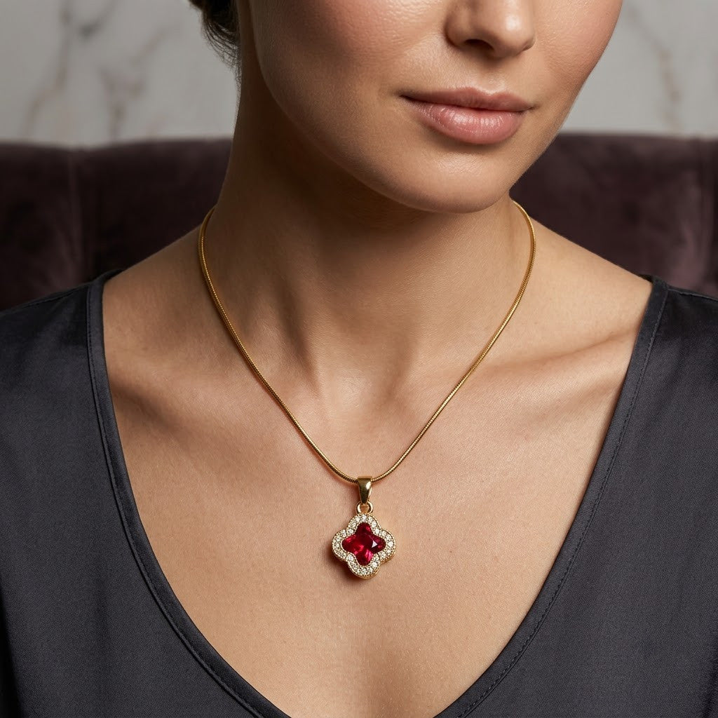Ruby Red Crystal Four-Leaf Lucky Clover Necklace - View 5 | ANUSI 18K Gold Jewelry