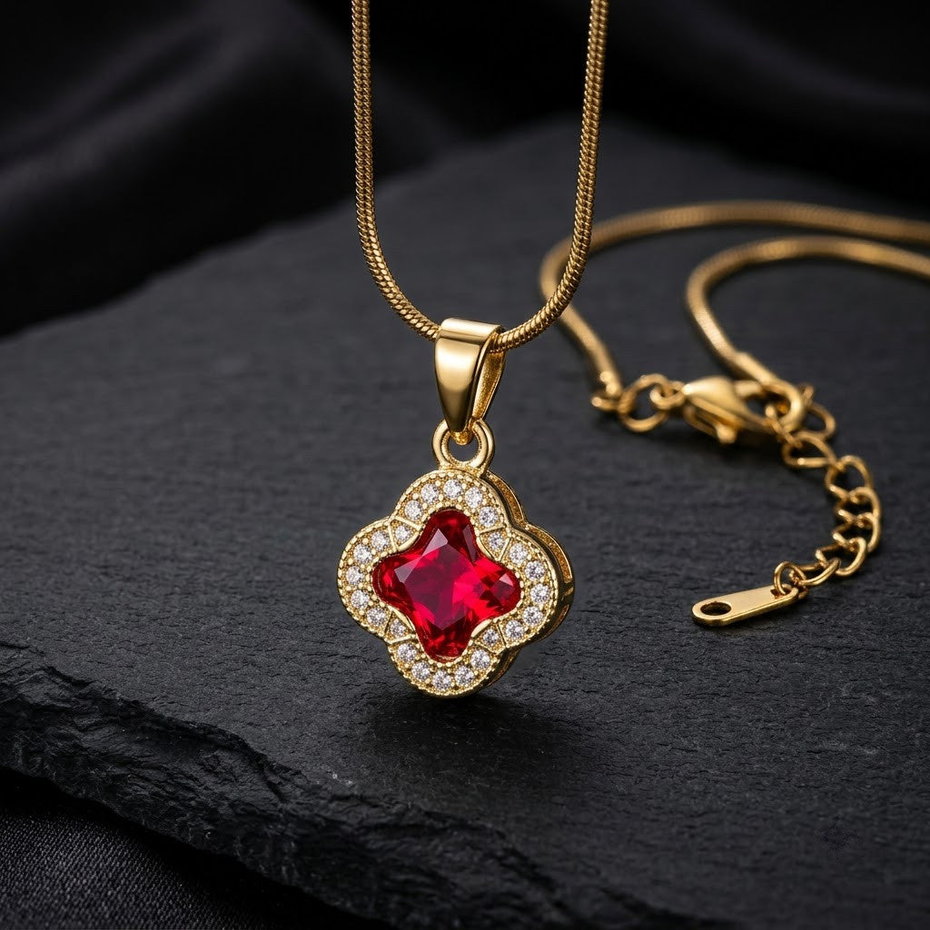 Ruby Red Crystal Four-Leaf Lucky Clover Necklace - View 6 | ANUSI 18K Gold Jewelry