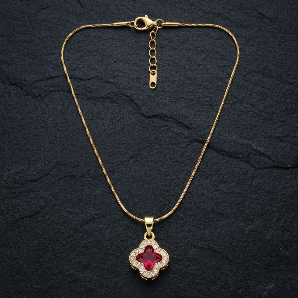 Ruby Red Crystal Four-Leaf Lucky Clover Necklace - View 8 | ANUSI 18K Gold Jewelry