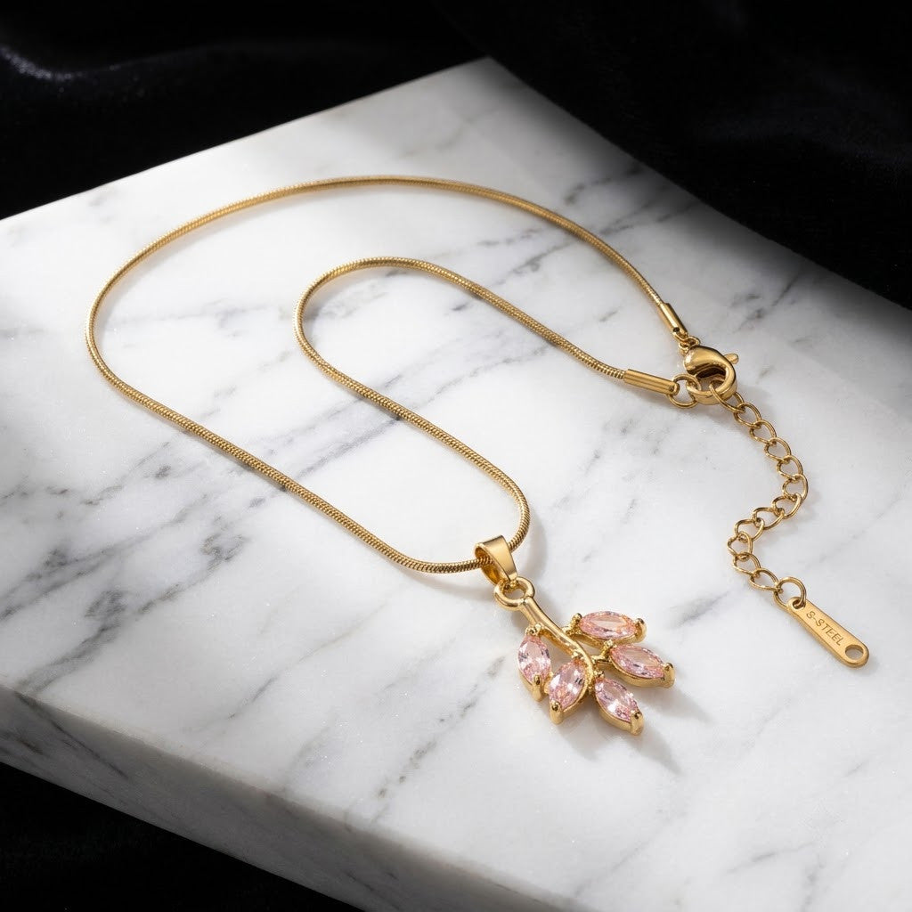 Marquise Blush Pink Blossom Crystal Cluster Necklace - View 1 | ANUSI 18K Gold Jewelry
