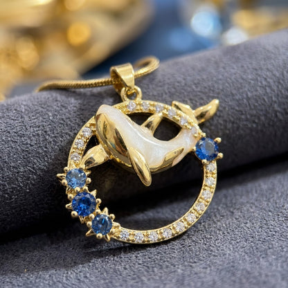 Celestial Swallow Bird & Sapphire Crystal Wreath Necklace - View 4 | ANUSI 18K Gold Jewelry