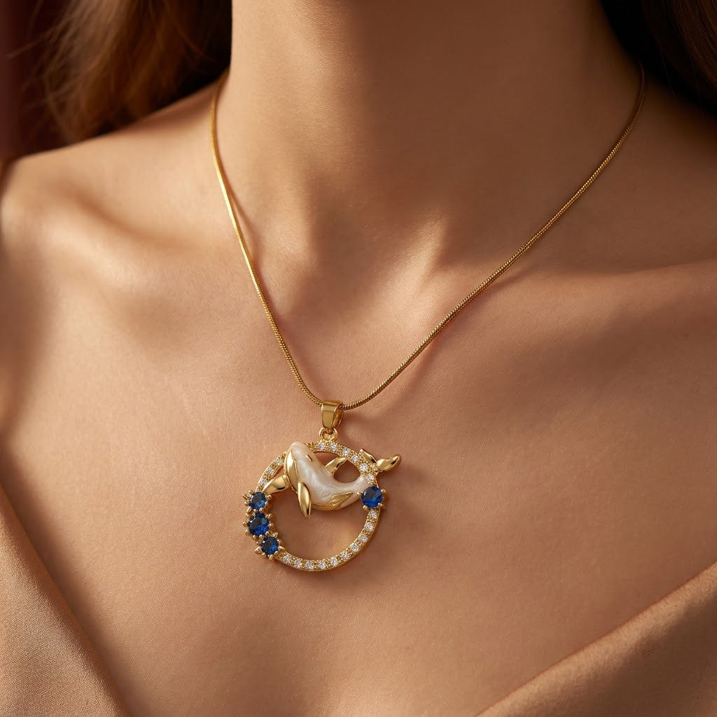 Celestial Swallow Bird & Sapphire Crystal Wreath Necklace - View 5 | ANUSI 18K Gold Jewelry