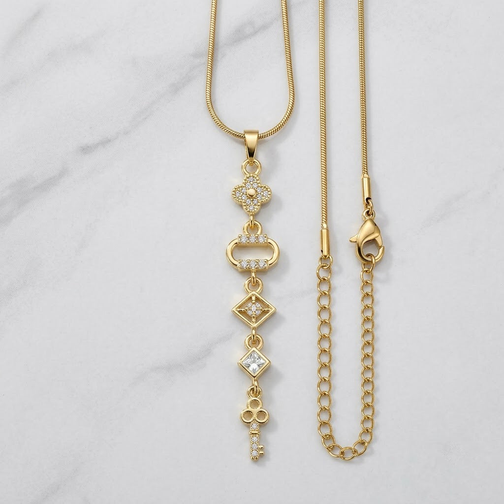 Art Deco Geometric Rhombus Crystal Station Necklace - View 8 | ANUSI 18K Gold Jewelry