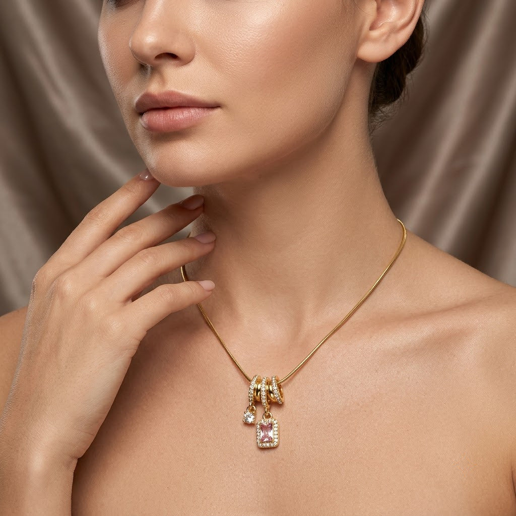 Blush Pink Tourmaline Baguette Crystal Drop Necklace - View 5 | ANUSI 18K Gold Jewelry
