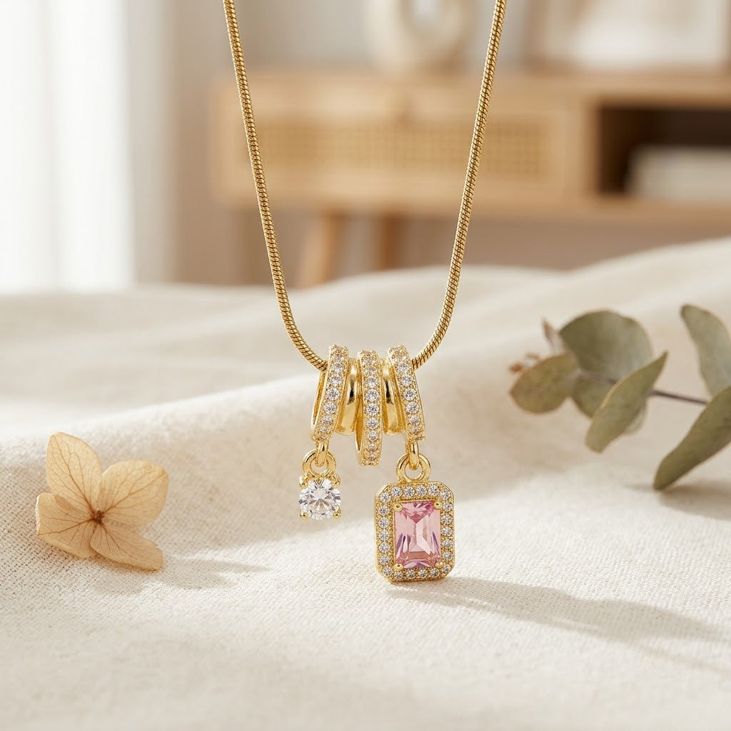 Blush Pink Tourmaline Baguette Crystal Drop Necklace - View 3 | ANUSI 18K Gold Jewelry