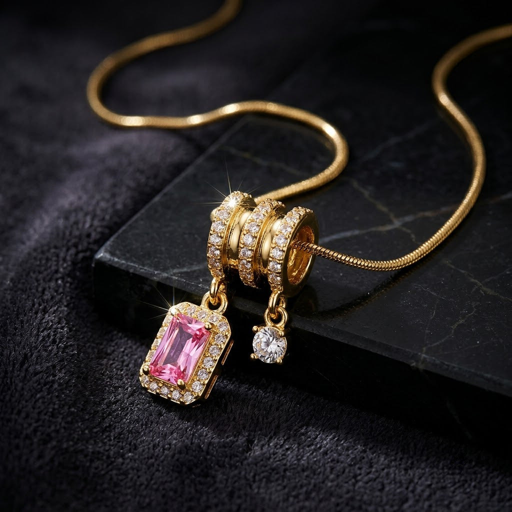 Blush Pink Tourmaline Baguette Crystal Drop Necklace - View 6 | ANUSI 18K Gold Jewelry