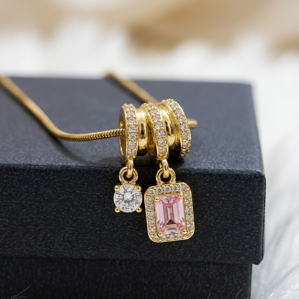 Blush Pink Tourmaline Baguette Crystal Drop Necklace - View 4 | ANUSI 18K Gold Jewelry