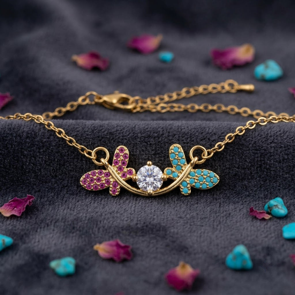 Pastel Sapphire Butterfly Floral Garland Station Necklace - View 4 | ANUSI 18K Gold Jewelry