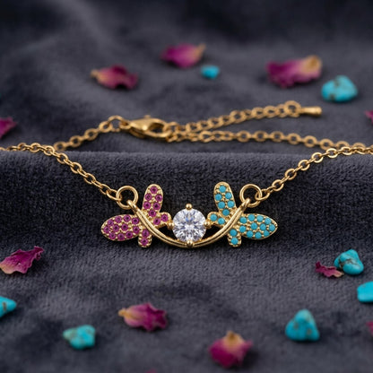 Pastel Sapphire Butterfly Floral Garland Station Necklace - View 4 | ANUSI 18K Gold Jewelry