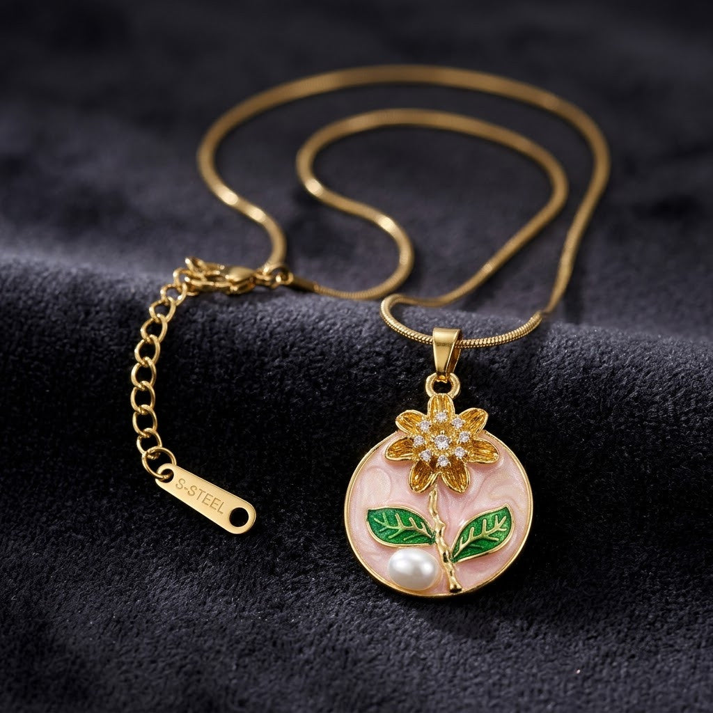 Peach Blossom & Pearl Miniature Garden Medallion Necklace - View 1 | ANUSI 18K Gold Jewelry
