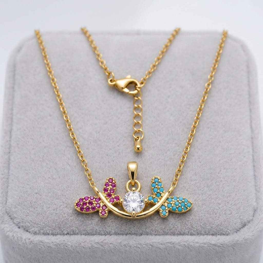 Pastel Sapphire Butterfly Floral Garland Station Necklace - View 7 | ANUSI 18K Gold Jewelry