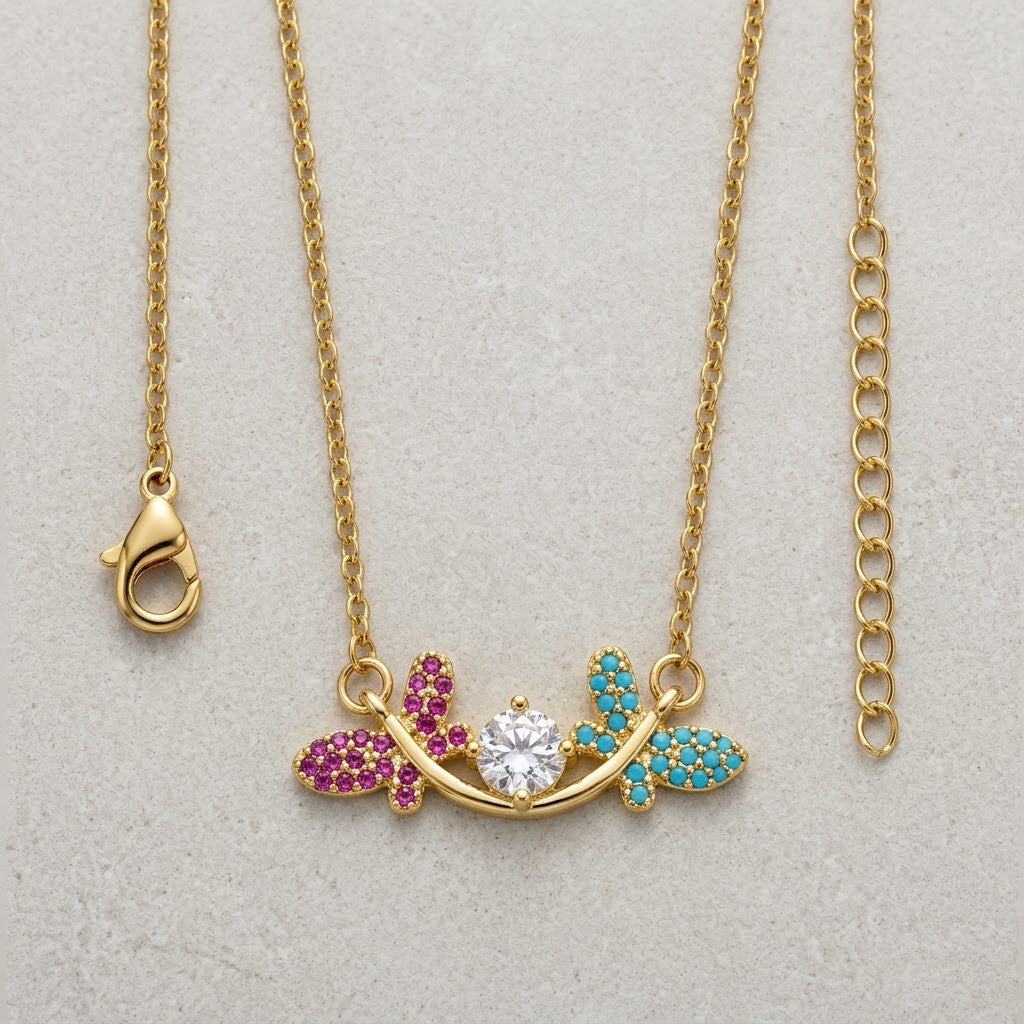Pastel Sapphire Butterfly Floral Garland Station Necklace - View 8 | ANUSI 18K Gold Jewelry