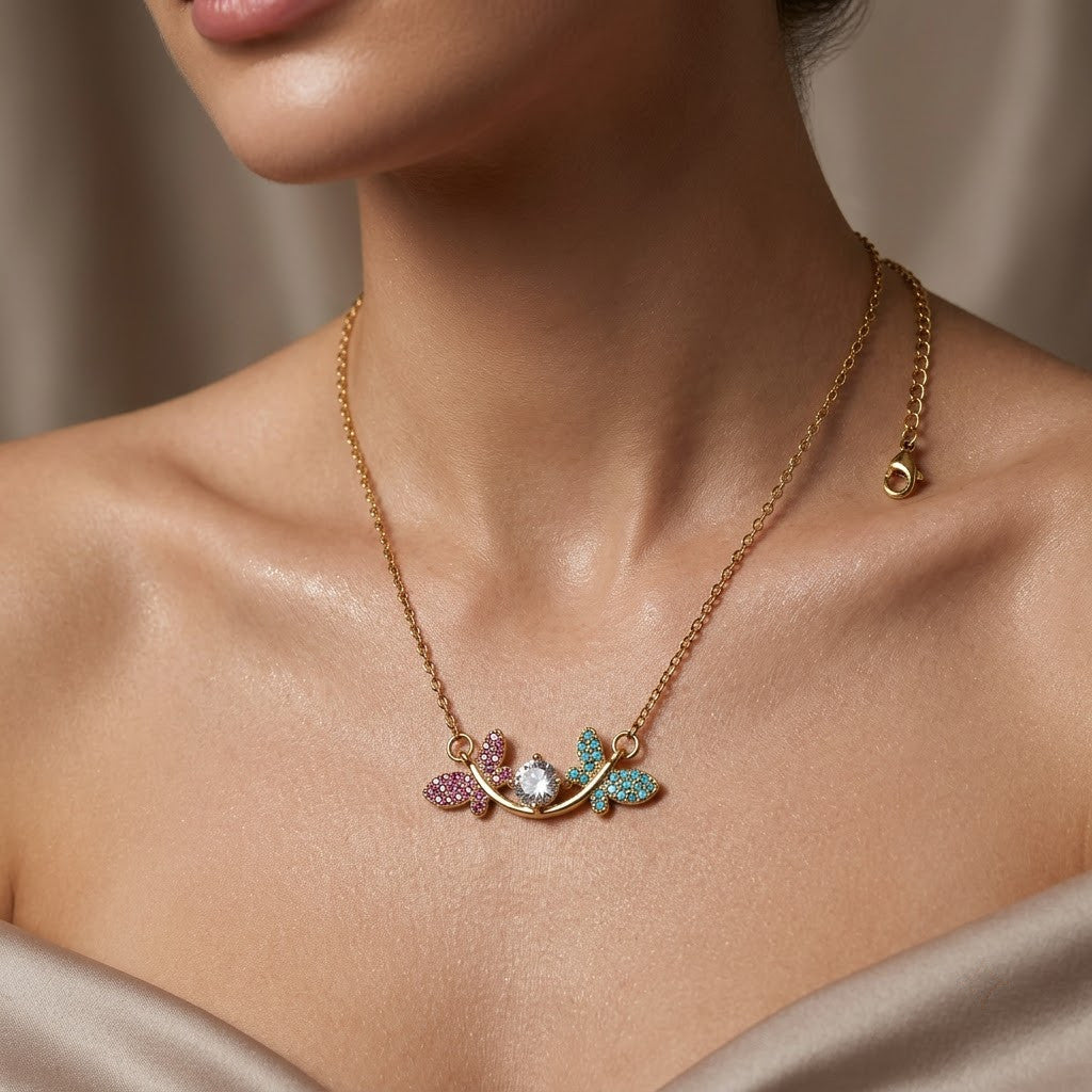 Pastel Sapphire Butterfly Floral Garland Station Necklace - View 5 | ANUSI 18K Gold Jewelry